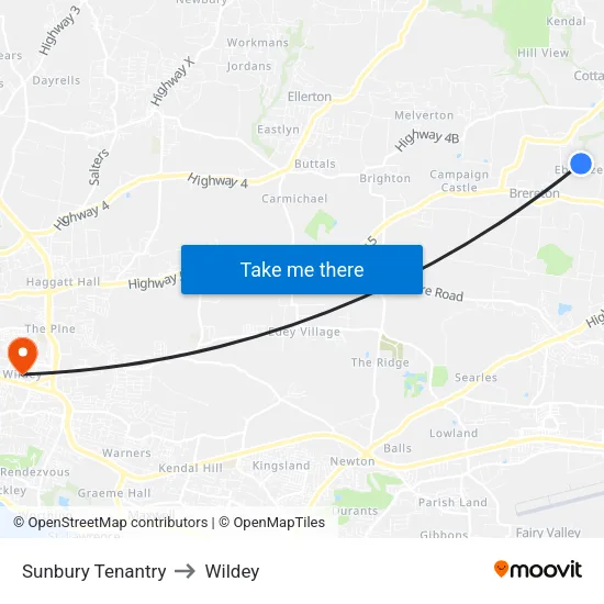 Sunbury Tenantry to Wildey map