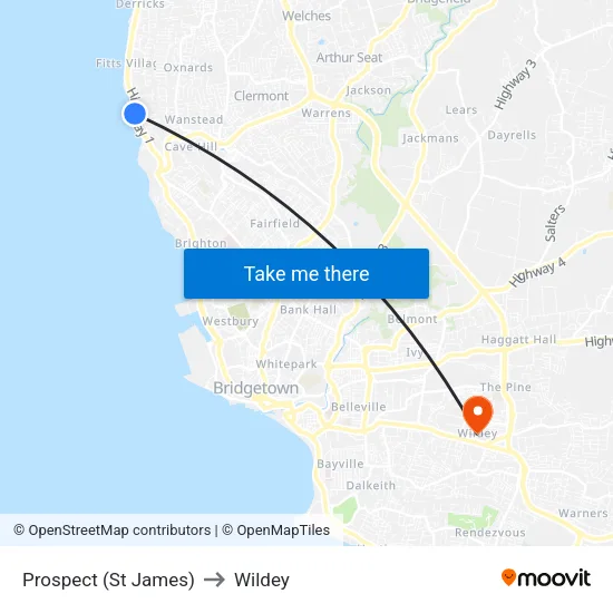 Prospect (St James) to Wildey map
