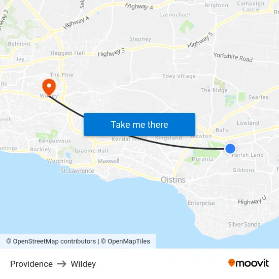 Providence to Wildey map