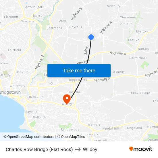 Charles Row Bridge (Flat Rock) to Wildey map
