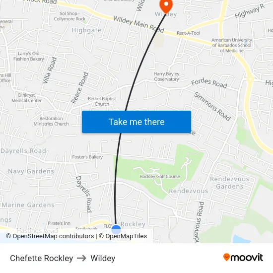 Chefette Rockley to Wildey map