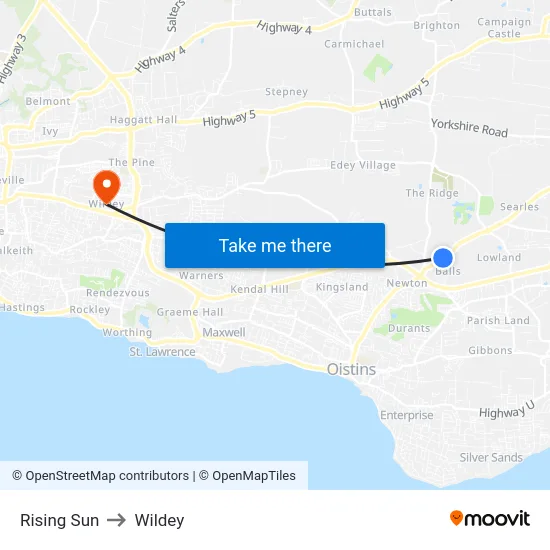 Rising Sun to Wildey map
