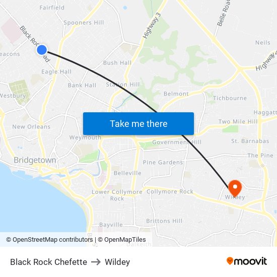 Black Rock Chefette to Wildey map