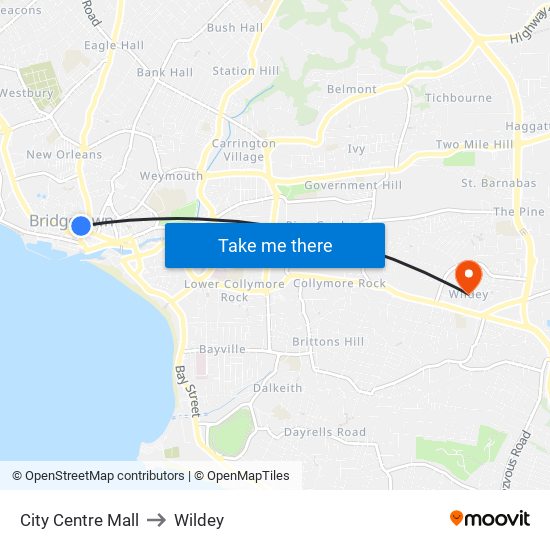 City Centre Mall to Wildey map