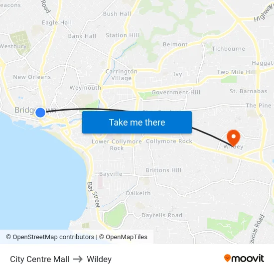 City Centre Mall to Wildey map