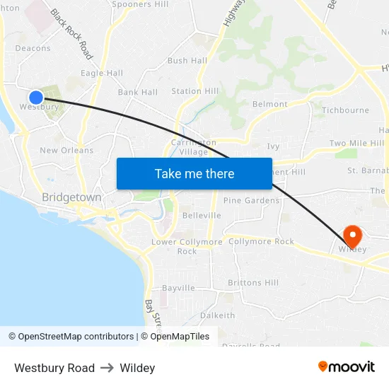 Westbury Road to Wildey map