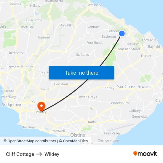 Cliff Cottage to Wildey map