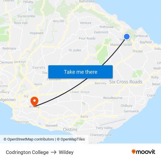 Codrington College to Wildey map