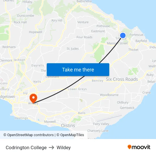 Codrington College to Wildey map