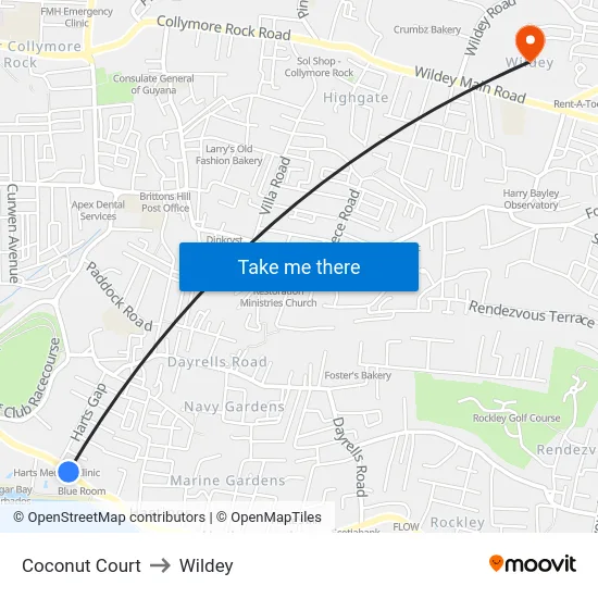Coconut Court to Wildey map