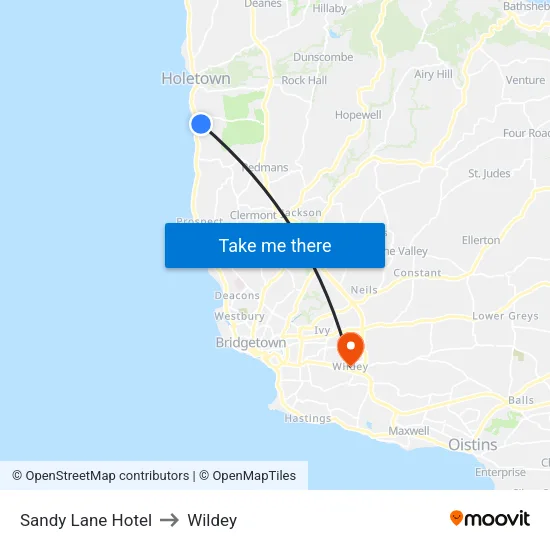 Sandy Lane Hotel to Wildey map