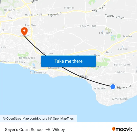 Sayer's Court School to Wildey map