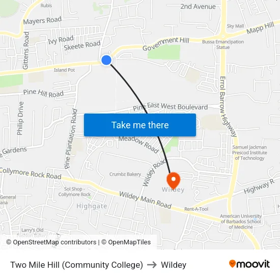 Two Mile Hill (Community College) to Wildey map