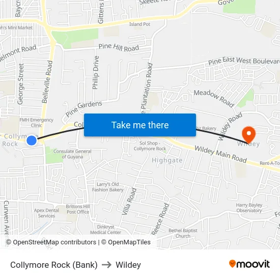 Collymore Rock (Bank) to Wildey map