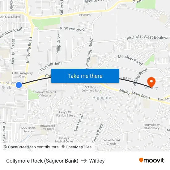 Collymore Rock (Sagicor Bank) to Wildey map