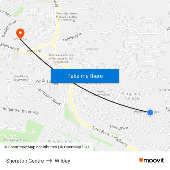 Sheraton Centre to Wildey map