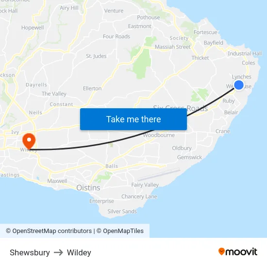 Shewsbury to Wildey map
