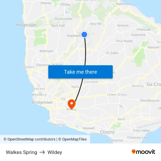 Walkes Spring to Wildey map
