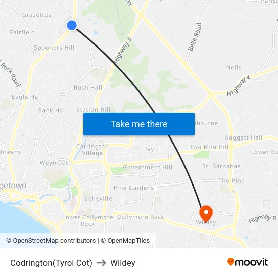 Codrington(Tyrol Cot) to Wildey map