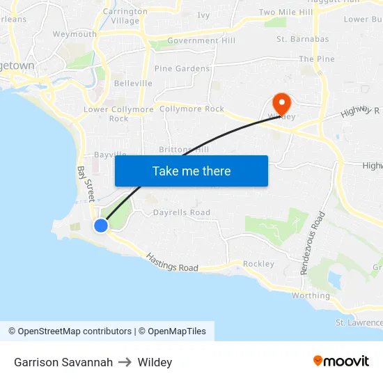 Garrison Savannah to Wildey map