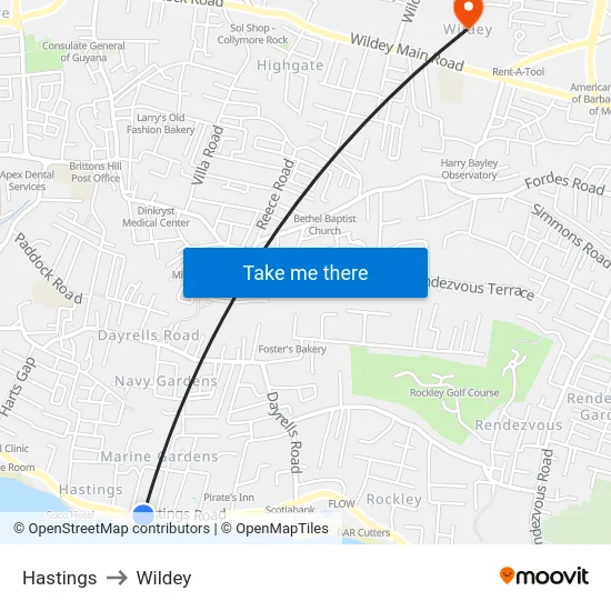 Hastings to Wildey map