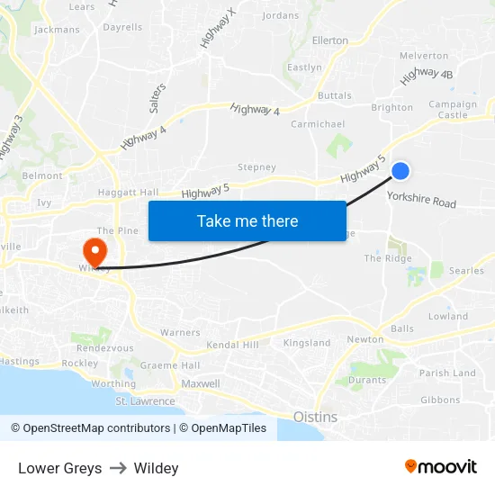 Lower Greys to Wildey map