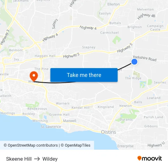 Skeene Hill to Wildey map