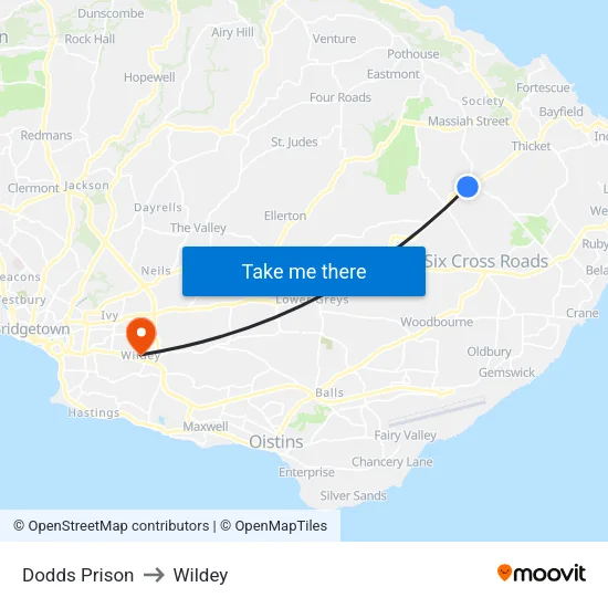 Dodds Prison to Wildey map