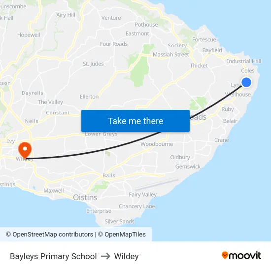 Bayleys Primary School to Wildey map