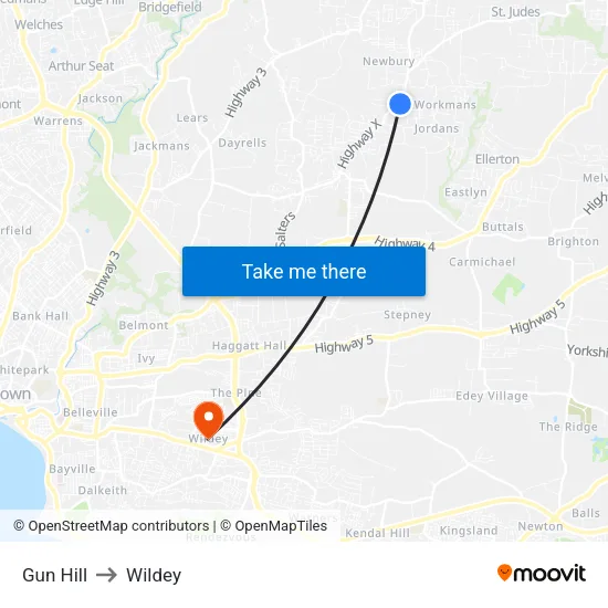 Gun Hill to Wildey map