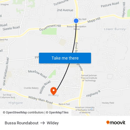 Bussa Roundabout to Wildey map