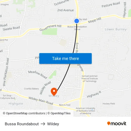 Bussa Roundabout to Wildey map