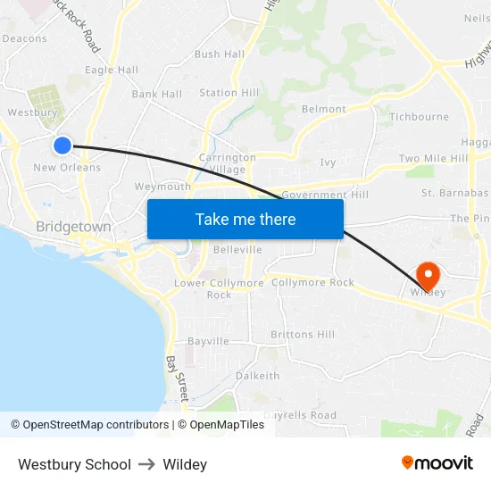 Westbury School to Wildey map