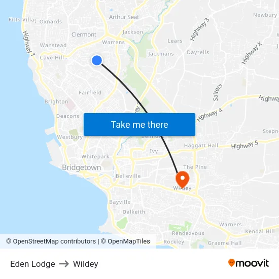 Eden Lodge to Wildey map