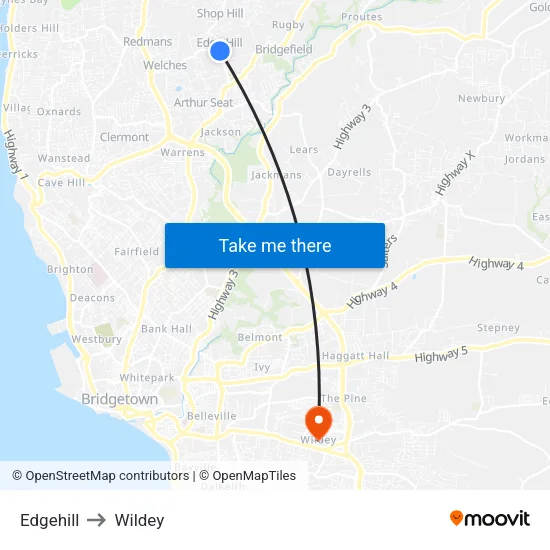 Edgehill to Wildey map