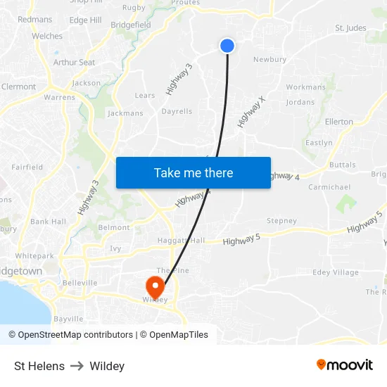 St Helens to Wildey map