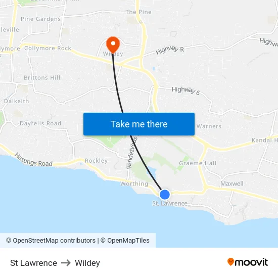 St Lawrence to Wildey map