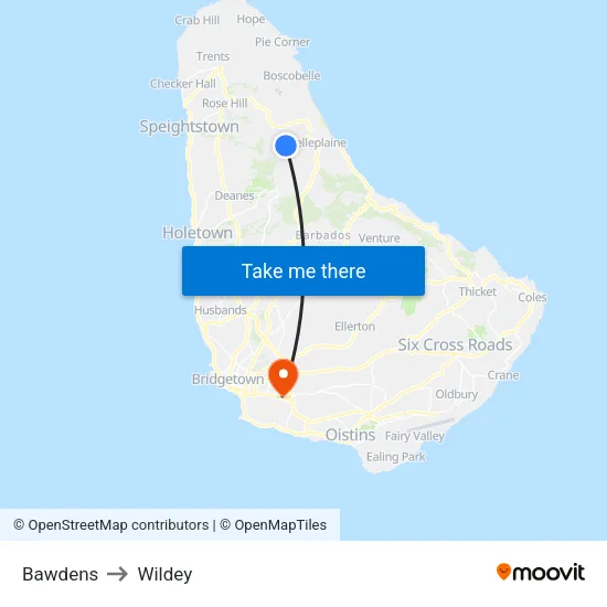 Bawdens to Wildey map