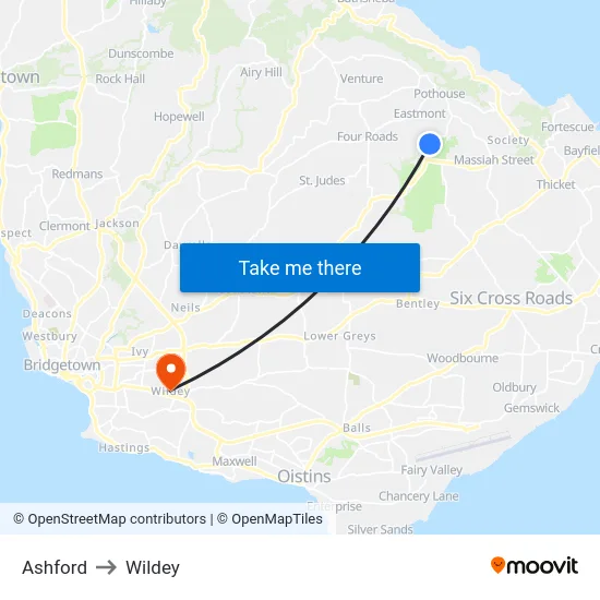 Ashford to Wildey map