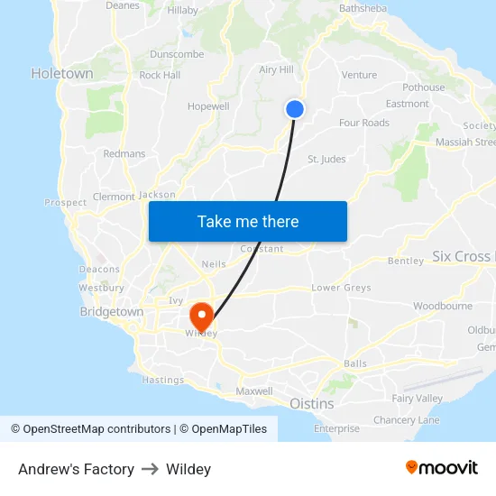 Andrew's Factory to Wildey map