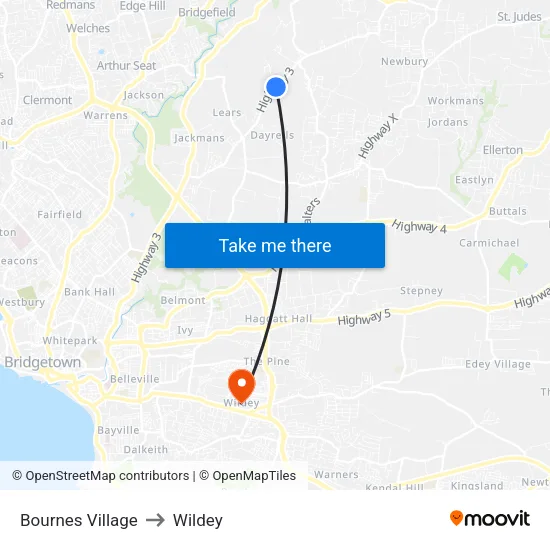Bournes Village to Wildey map