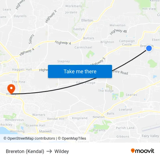 Brereton (Kendal) to Wildey map