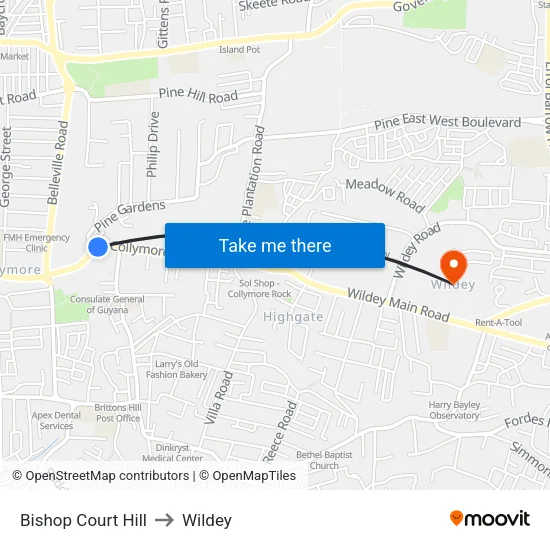Bishop Court Hill to Wildey map