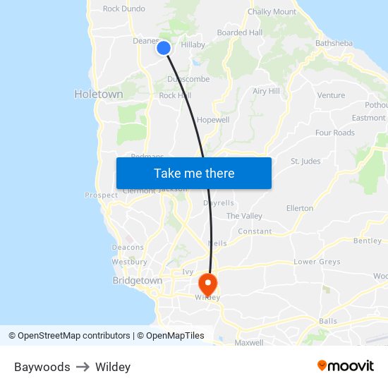 Baywoods to Wildey map