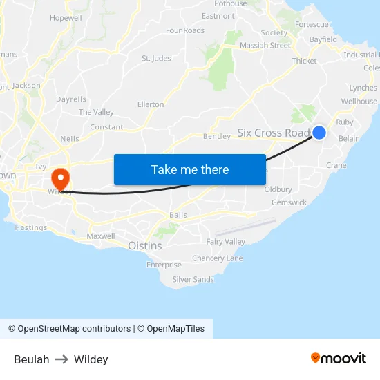 Beulah to Wildey map