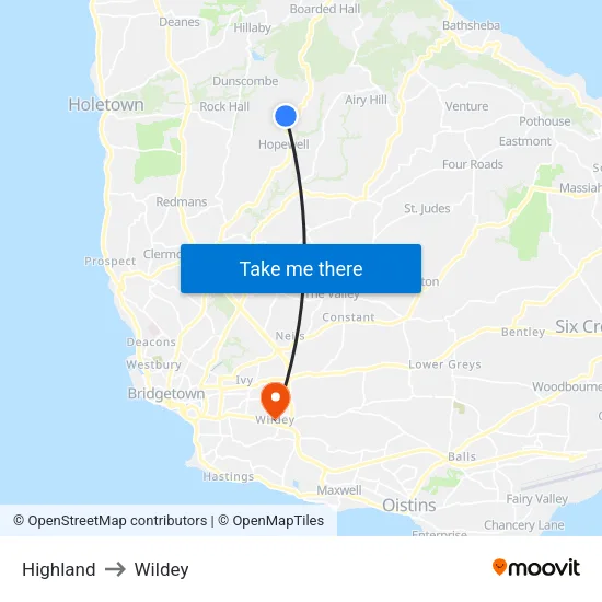 Highland to Wildey map