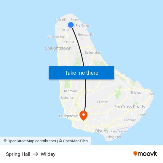 Spring Hall to Wildey map