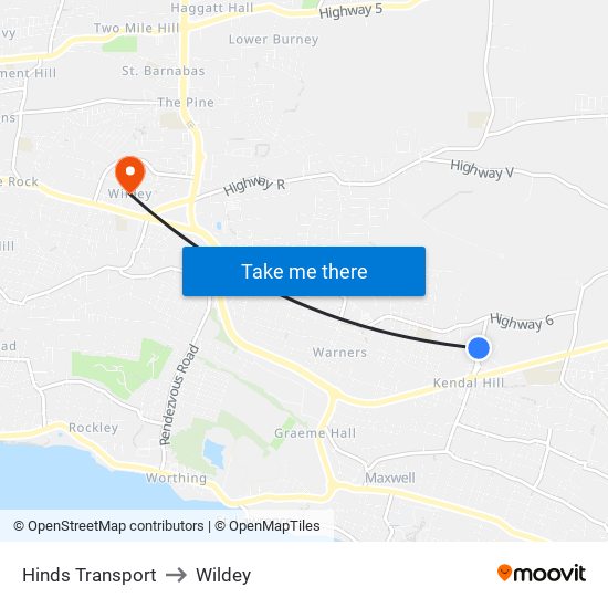 Hinds Transport to Wildey map