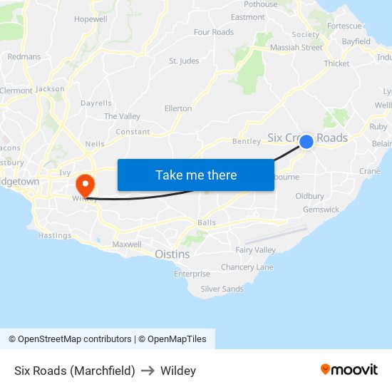 Six Roads (Marchfield) to Wildey map