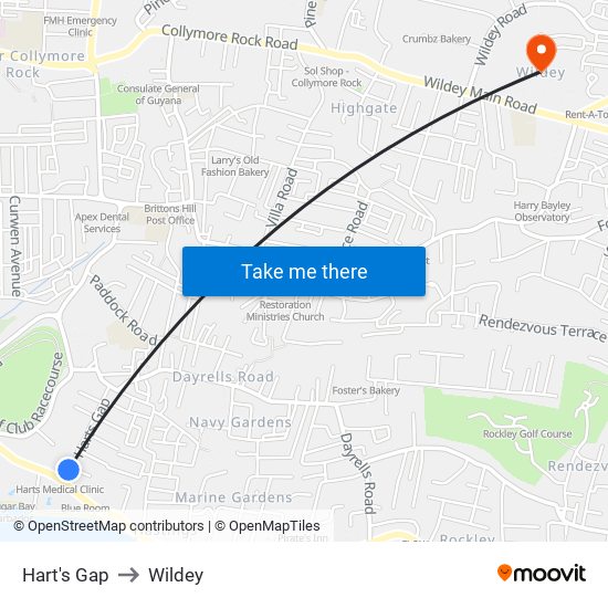 Hart's Gap to Wildey map